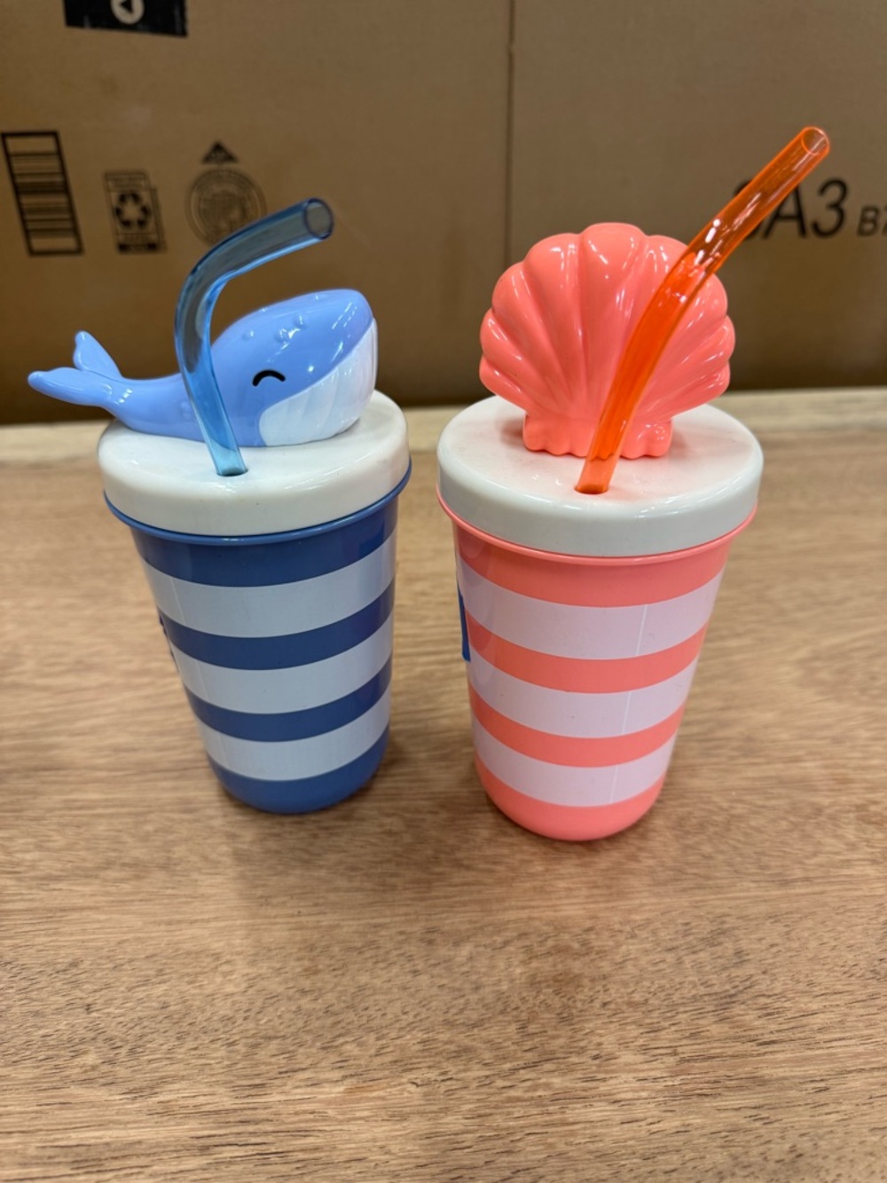 Whale‎ & Shell Striped Sippy Cups - Blue and Coral
